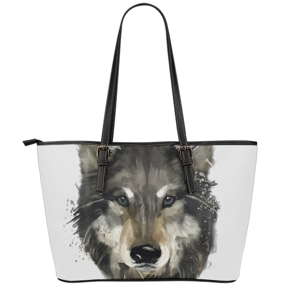 Watercolor Painting Wolf Print Leather Tote Bag