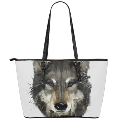 Watercolor Painting Wolf Print Leather Tote Bag