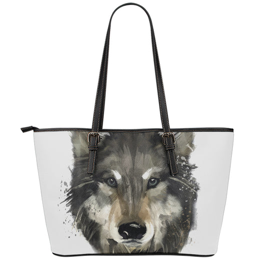 Watercolor Painting Wolf Print Leather Tote Bag