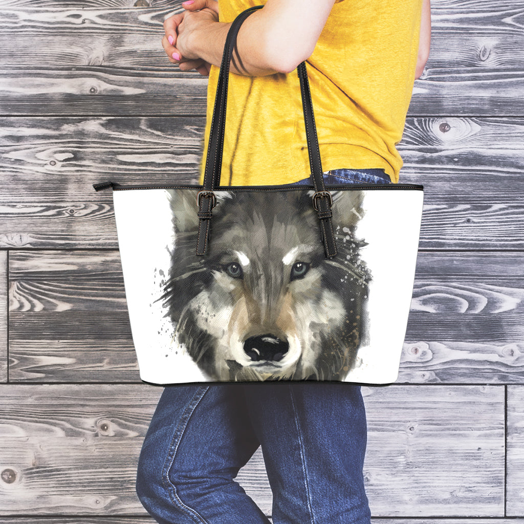 Watercolor Painting Wolf Print Leather Tote Bag