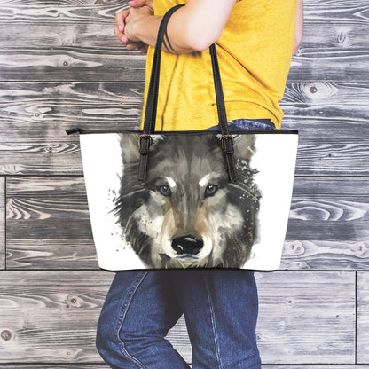 Watercolor Painting Wolf Print Leather Tote Bag