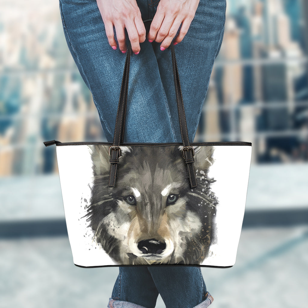 Watercolor Painting Wolf Print Leather Tote Bag
