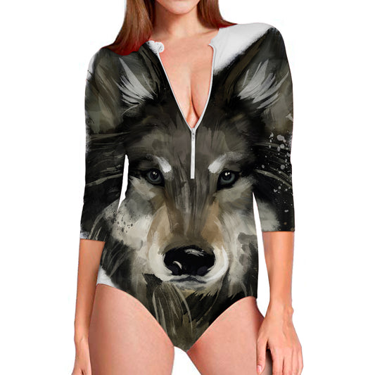 Watercolor Painting Wolf Print Long Sleeve Swimsuit