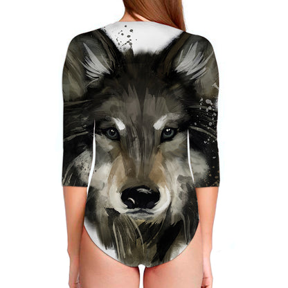 Watercolor Painting Wolf Print Long Sleeve Swimsuit