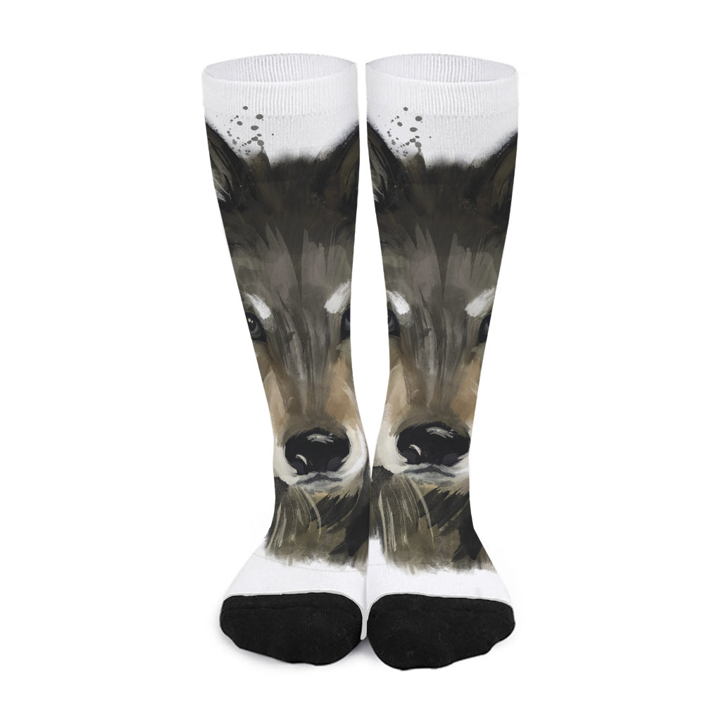 Watercolor Painting Wolf Print Long Socks