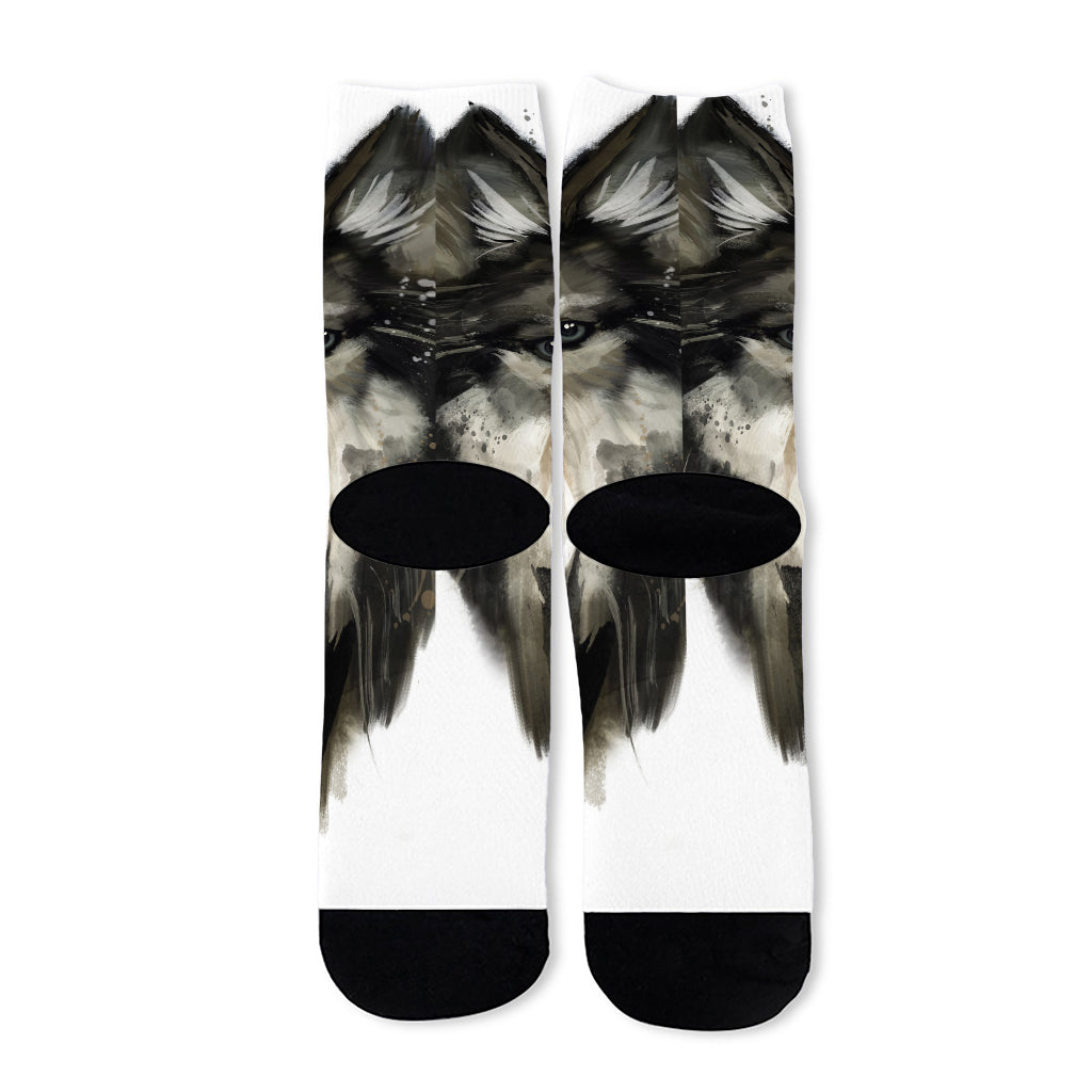 Watercolor Painting Wolf Print Long Socks