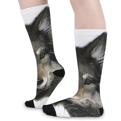 Watercolor Painting Wolf Print Long Socks