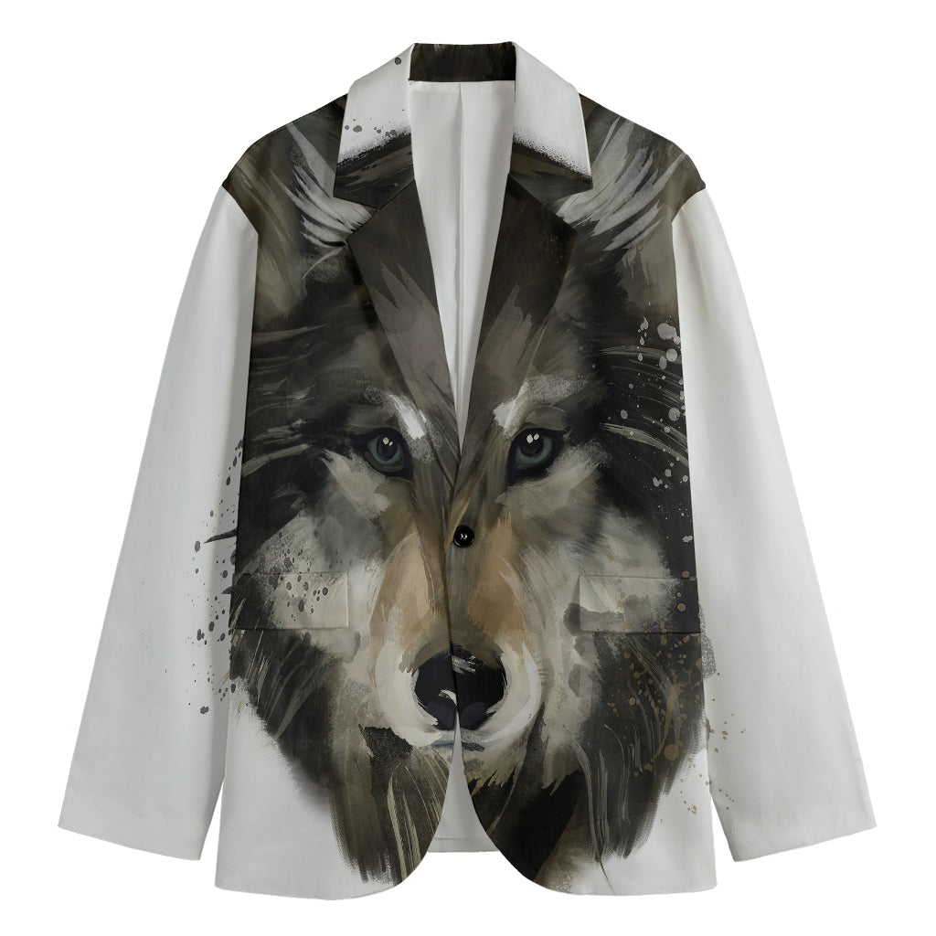 Watercolor Painting Wolf Print Men's Blazer