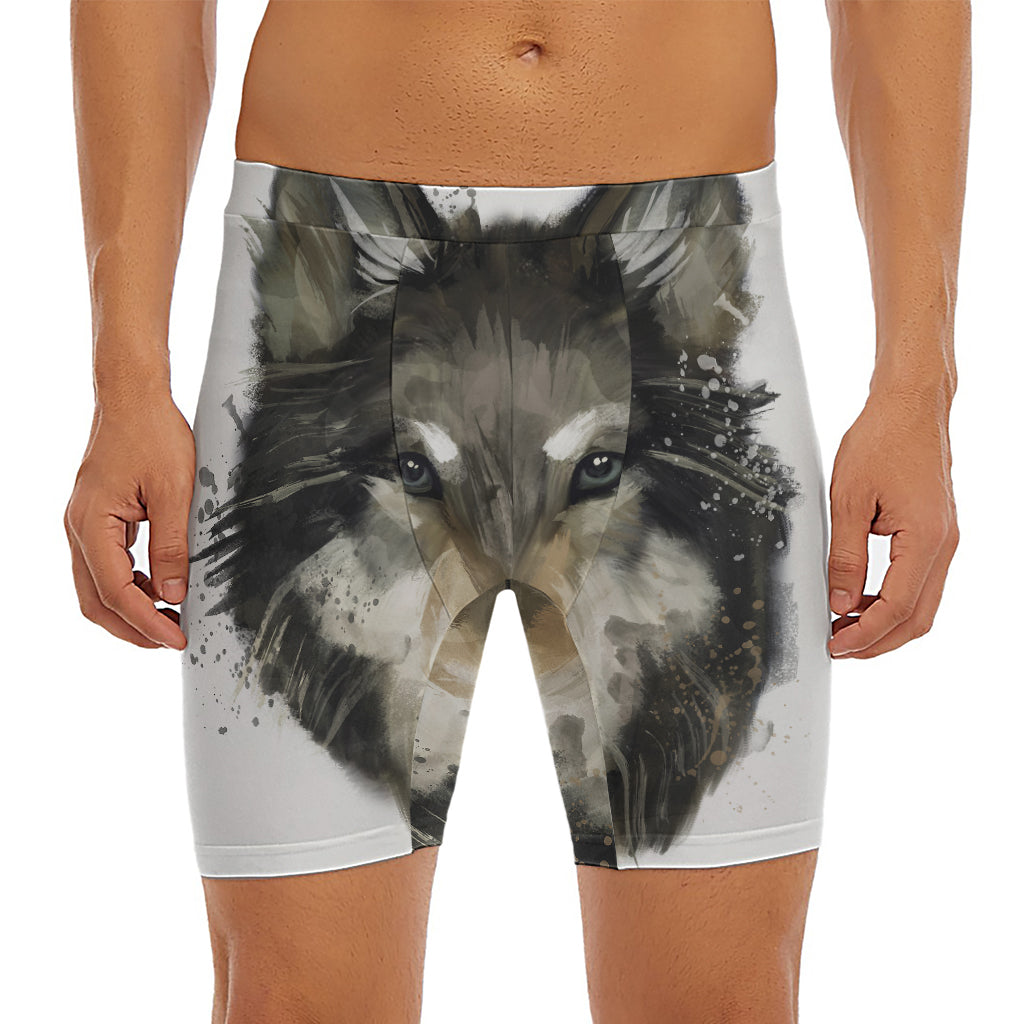 Watercolor Painting Wolf Print Men's Long Boxer Briefs