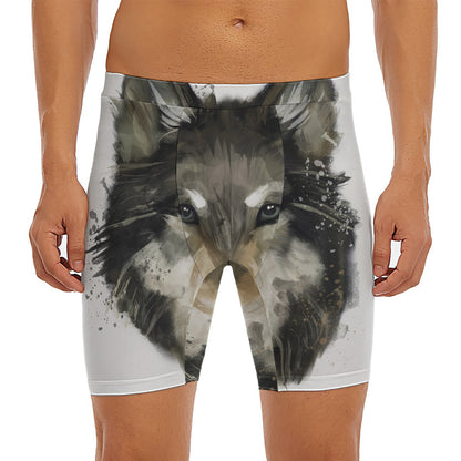 Watercolor Painting Wolf Print Men's Long Boxer Briefs