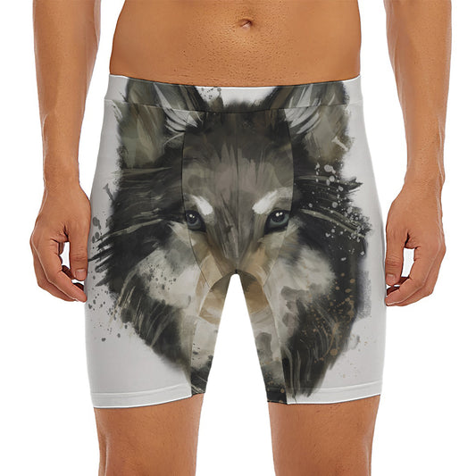 Watercolor Painting Wolf Print Men's Long Boxer Briefs