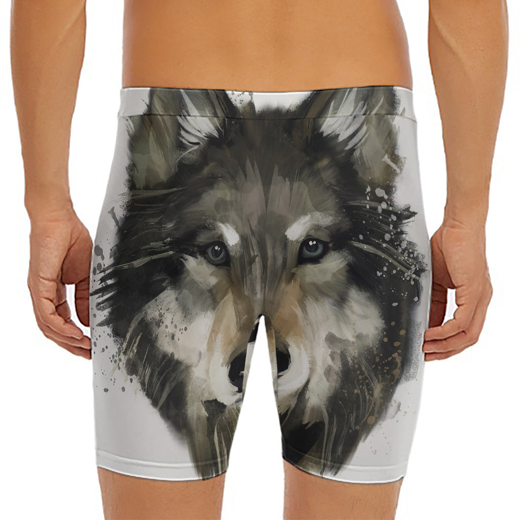 Watercolor Painting Wolf Print Men's Long Boxer Briefs