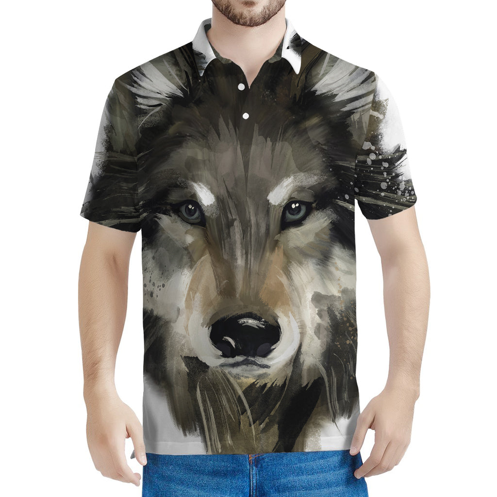 Watercolor Painting Wolf Print Men's Polo Shirt