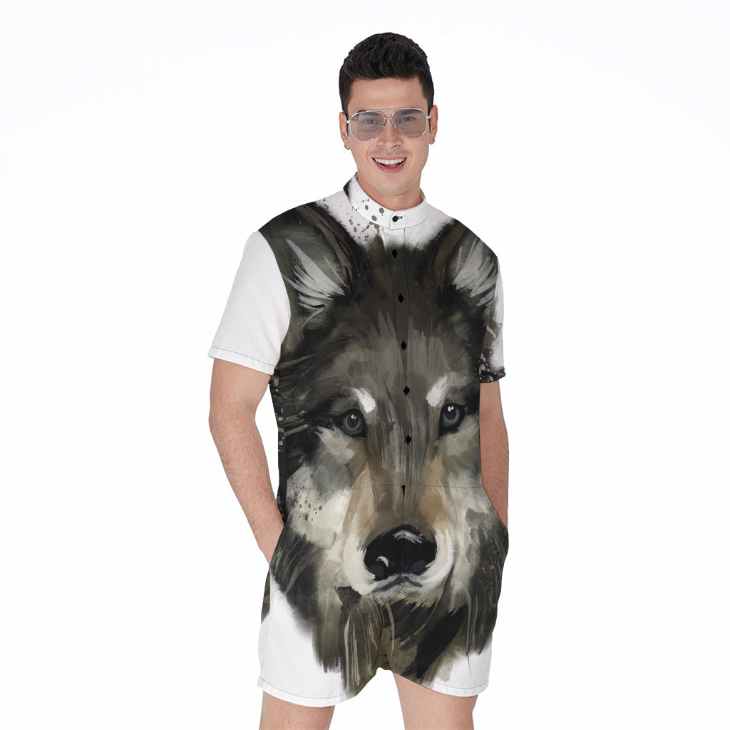 Watercolor Painting Wolf Print Men's Rompers
