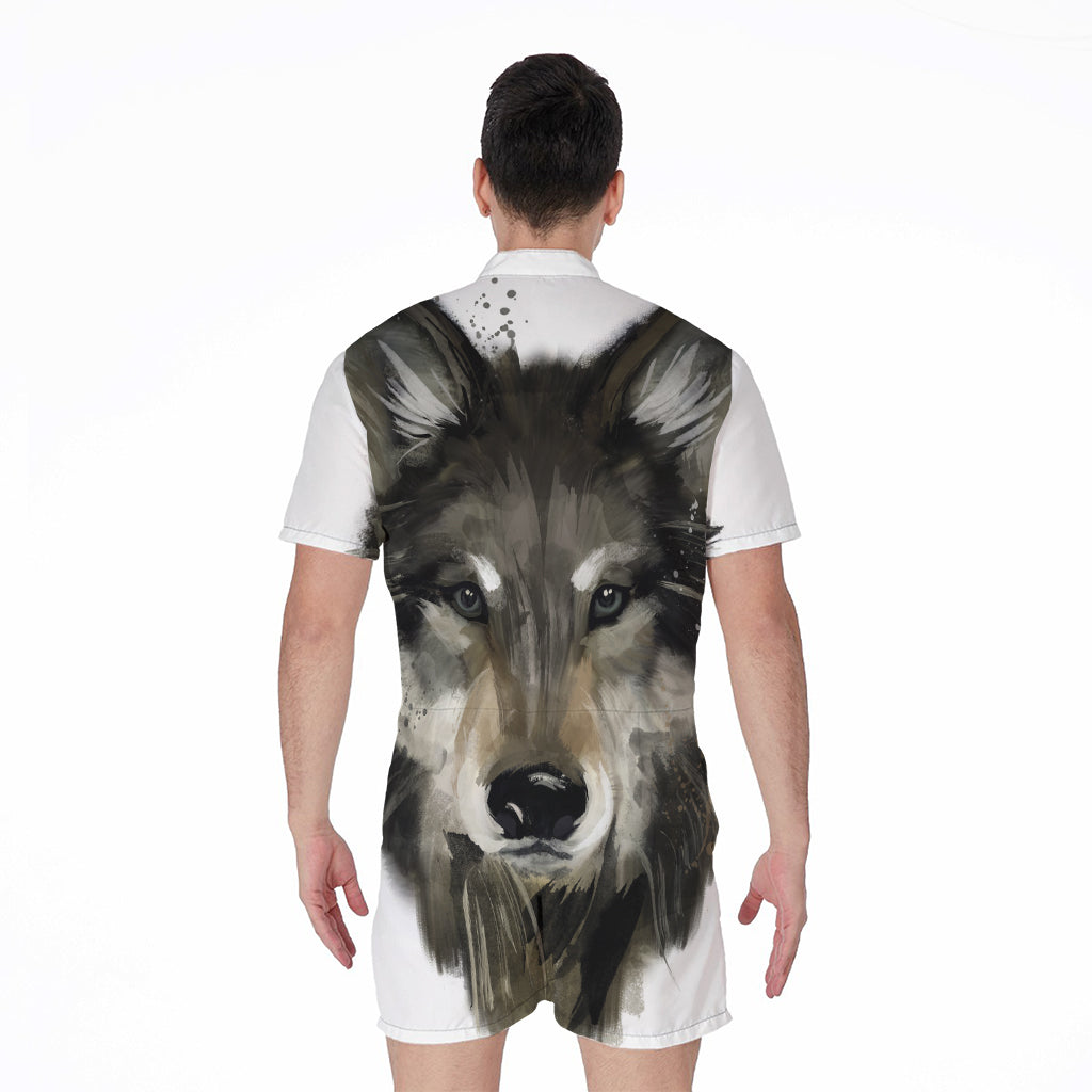 Watercolor Painting Wolf Print Men's Rompers