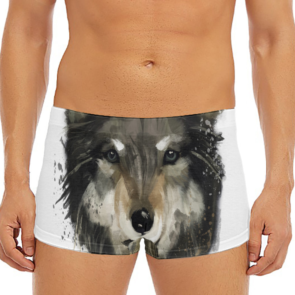 Watercolor Painting Wolf Print Men's Short Boxer Briefs