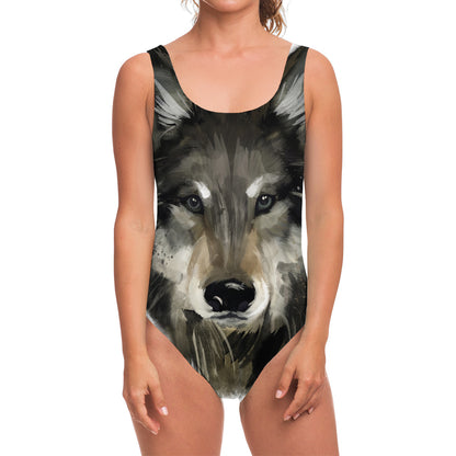 Watercolor Painting Wolf Print One Piece Swimsuit