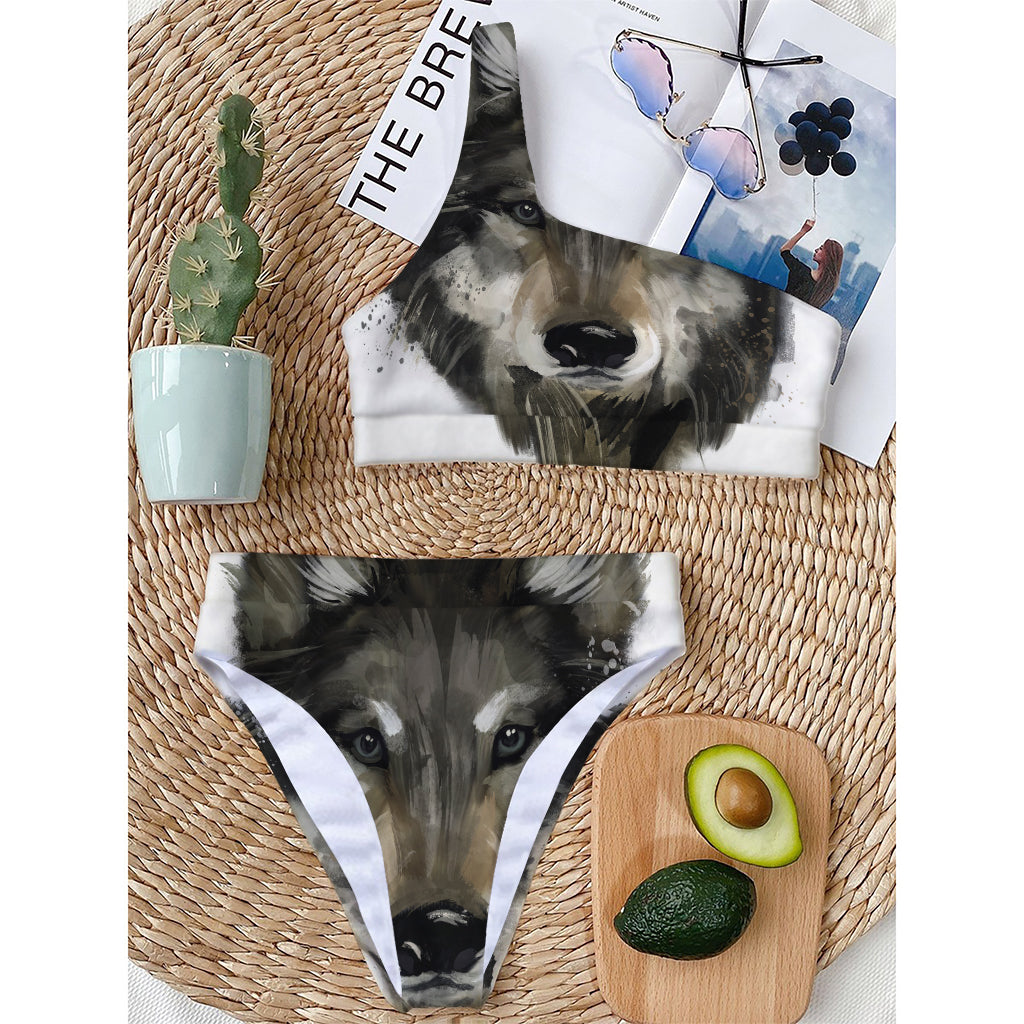 Watercolor Painting Wolf Print One Shoulder Bikini Top