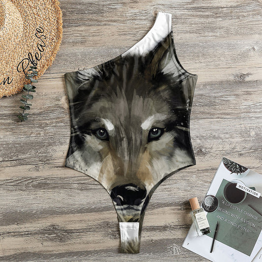 Watercolor Painting Wolf Print One Shoulder Bodysuit