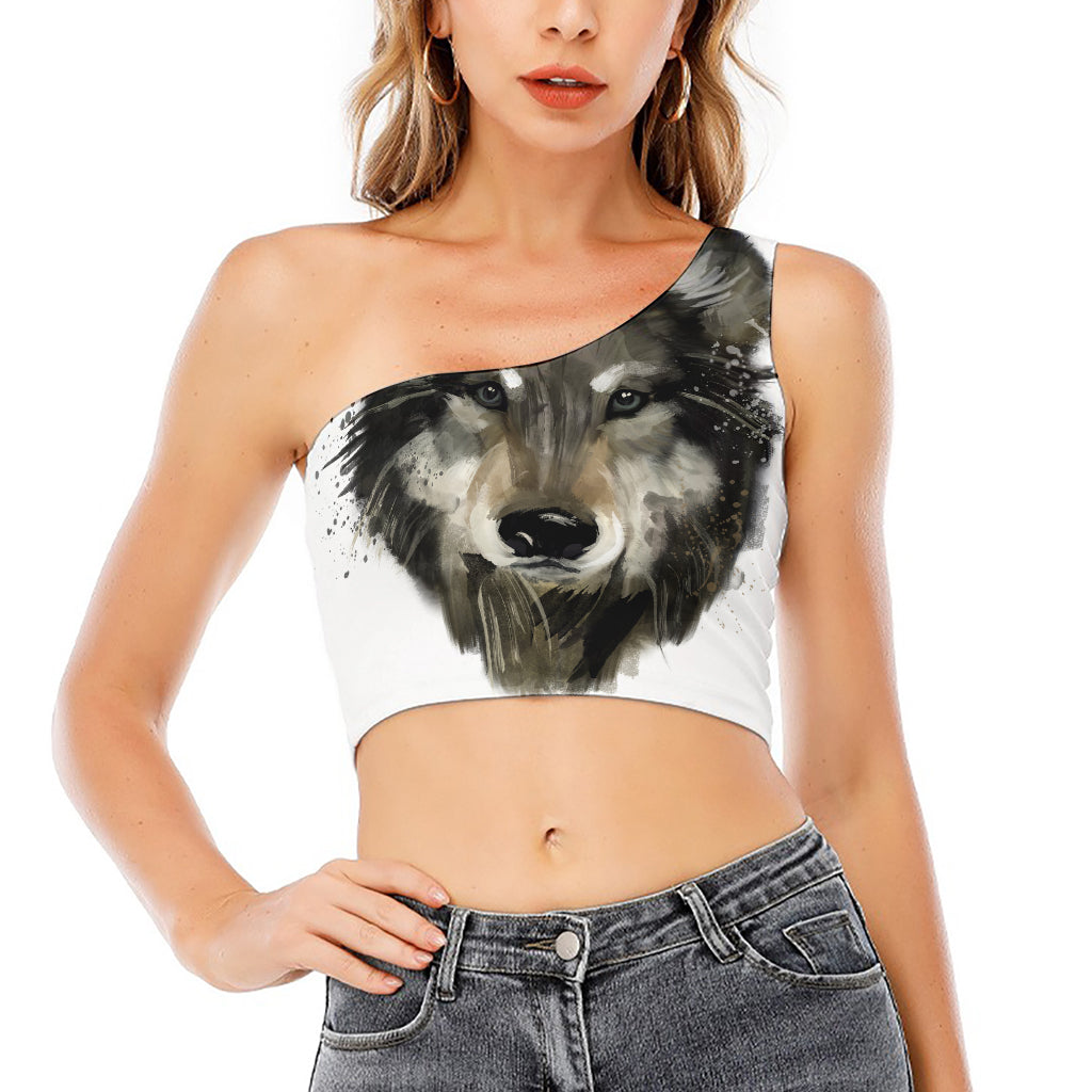 Watercolor Painting Wolf Print One Shoulder Crop Top