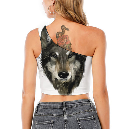 Watercolor Painting Wolf Print One Shoulder Crop Top