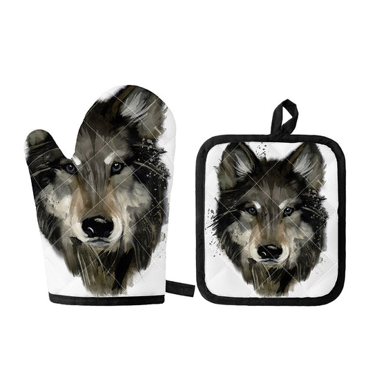 Watercolor Painting Wolf Print Oven Mitt And Pot Holder Set