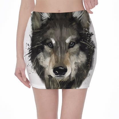 Watercolor Painting Wolf Print Pencil Mini Skirt