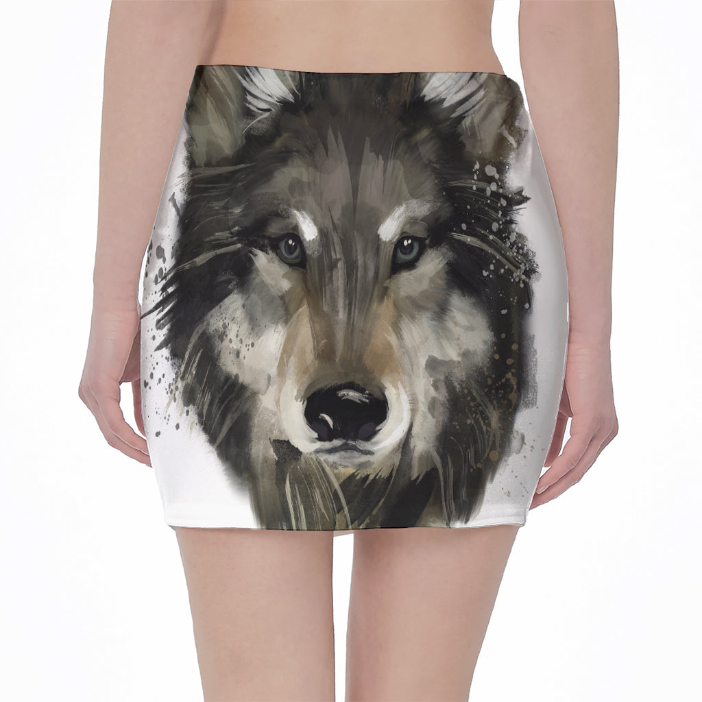 Watercolor Painting Wolf Print Pencil Mini Skirt