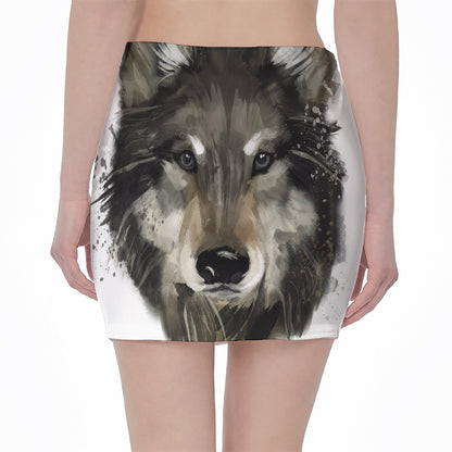 Watercolor Painting Wolf Print Pencil Mini Skirt