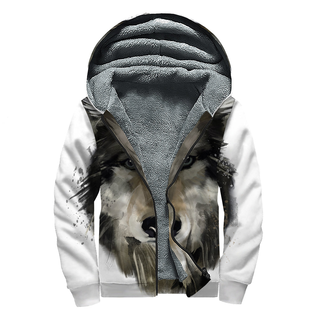 Watercolor Painting Wolf Print Sherpa Lined Zip Up Hoodie