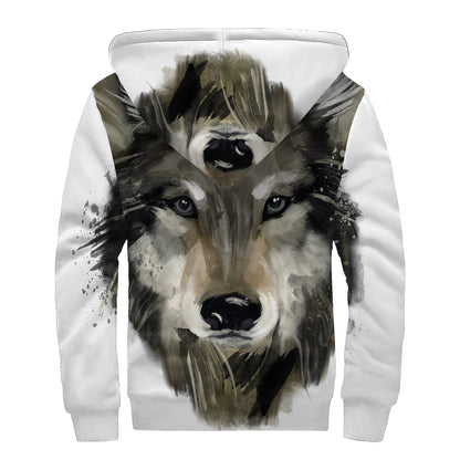 Watercolor Painting Wolf Print Sherpa Lined Zip Up Hoodie