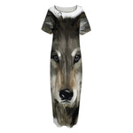 Watercolor Painting Wolf Print Short Sleeve Long Nightdress