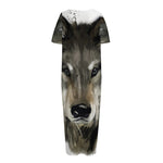 Watercolor Painting Wolf Print Short Sleeve Long Nightdress