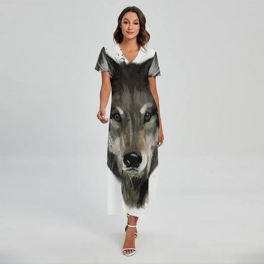 Watercolor Painting Wolf Print Short Sleeve Maxi Dress