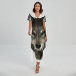 Watercolor Painting Wolf Print Short Sleeve Maxi Dress