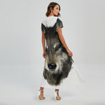 Watercolor Painting Wolf Print Short Sleeve Maxi Dress