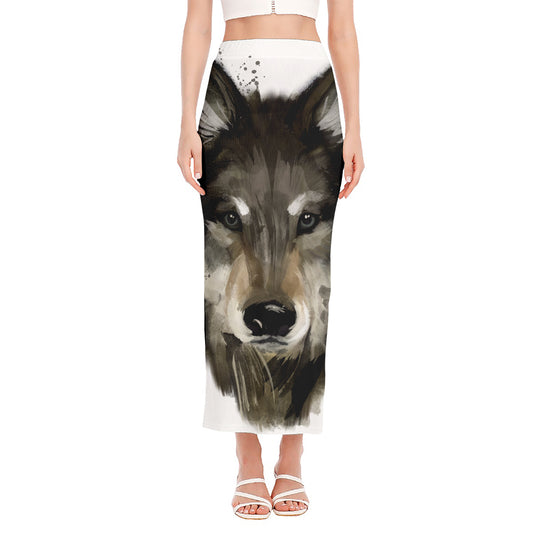 Watercolor Painting Wolf Print Side Slit Maxi Skirt