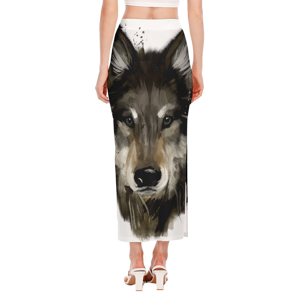 Watercolor Painting Wolf Print Side Slit Maxi Skirt