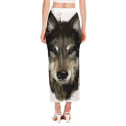 Watercolor Painting Wolf Print Side Slit Maxi Skirt