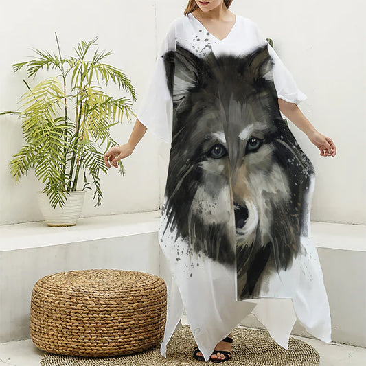 Watercolor Painting Wolf Print Silk V-Neck Kaftan Dress