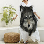 Watercolor Painting Wolf Print Silk V-Neck Kaftan Dress