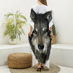 Watercolor Painting Wolf Print Silk V-Neck Kaftan Dress