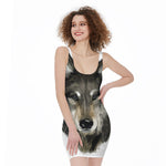 Watercolor Painting Wolf Print Sleeveless Bodycon Dress