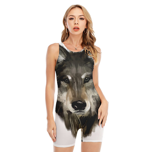 Watercolor Painting Wolf Print Sleeveless One Piece Swimsuit