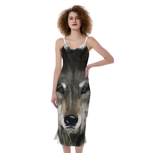 Watercolor Painting Wolf Print Slim Fit Midi Cami Dress