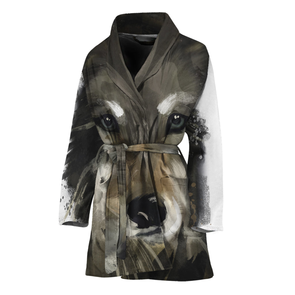 Watercolor Painting Wolf Print Women's Bathrobe