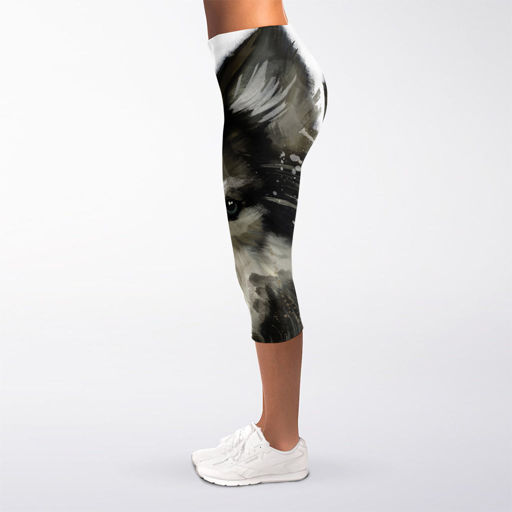 Watercolor Painting Wolf Print Women's Capri Leggings
