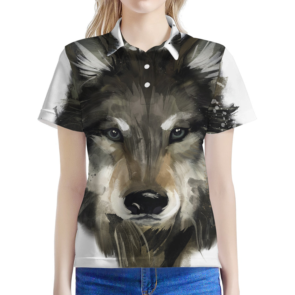 Watercolor Painting Wolf Print Women's Polo Shirt