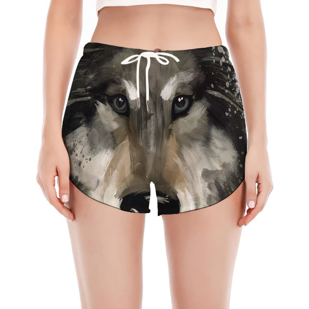 Watercolor Painting Wolf Print Women's Split Running Shorts