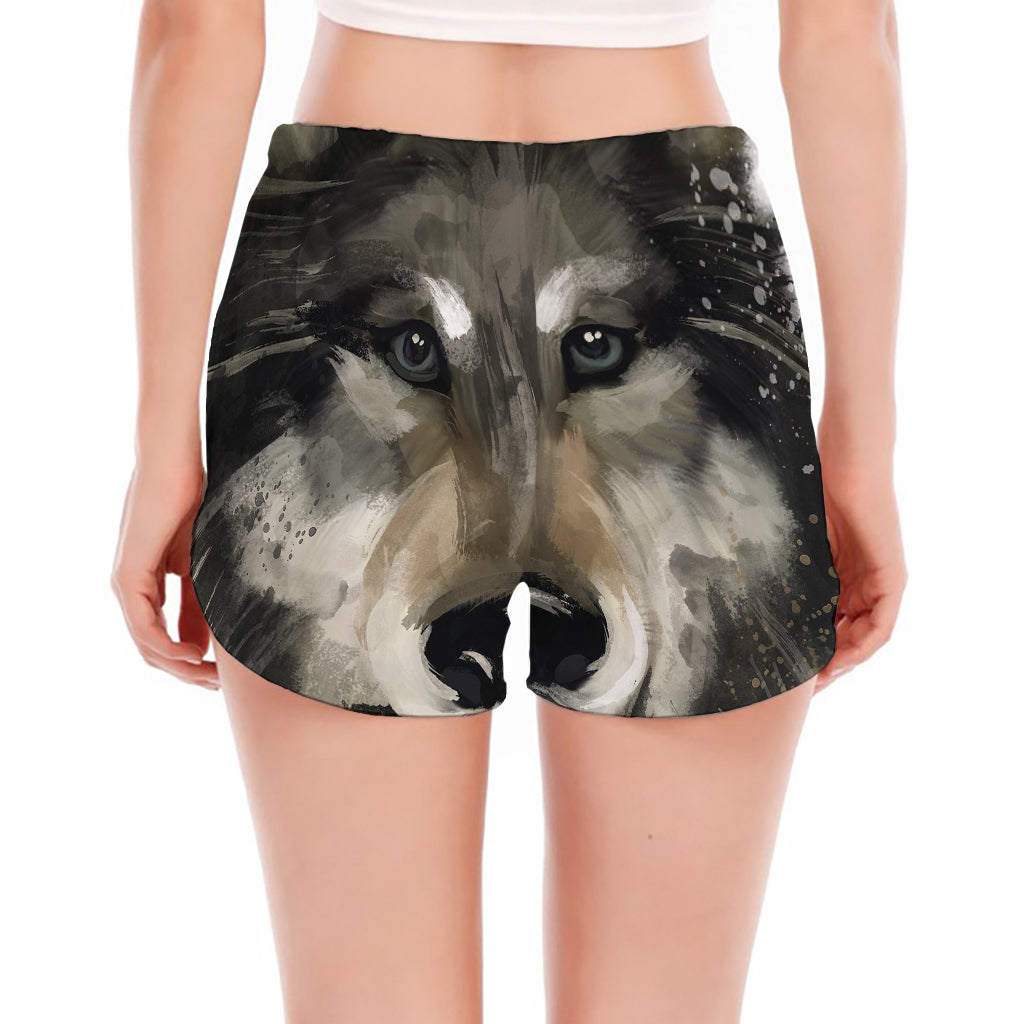 Watercolor Painting Wolf Print Women's Split Running Shorts